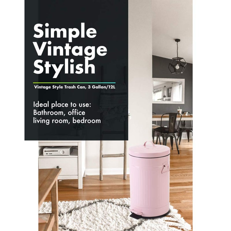 mingol Pink Trash Can with Lid, Bathroom Bedroom Waste Basket Soft Close, Small Garbage Can, Retro Vintage Home Office Trash Can, 12 Liter/3 Gallon, Glossy Pink - Image 2